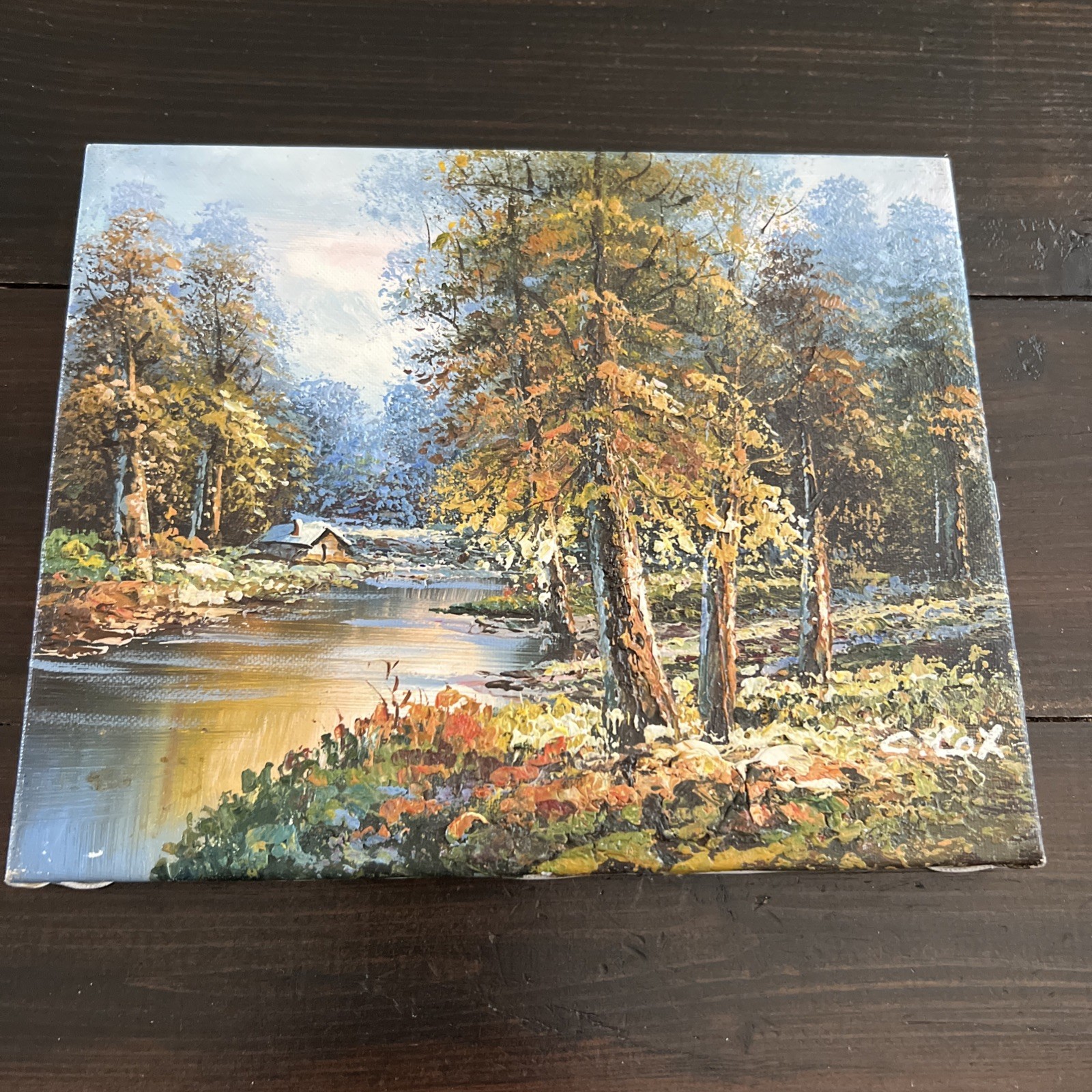 Vintage “Summer Stream” River Trees Mountain Sky Original Oil Painting By C Cox