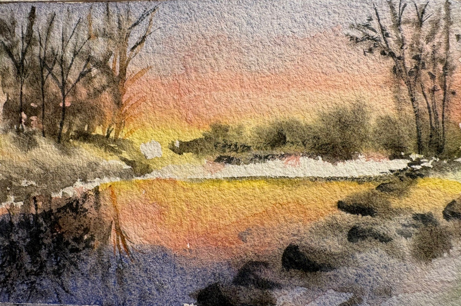 Original watercolor painting Sunset Winter Lake Landscape 5×3.5 snowy cozy decor