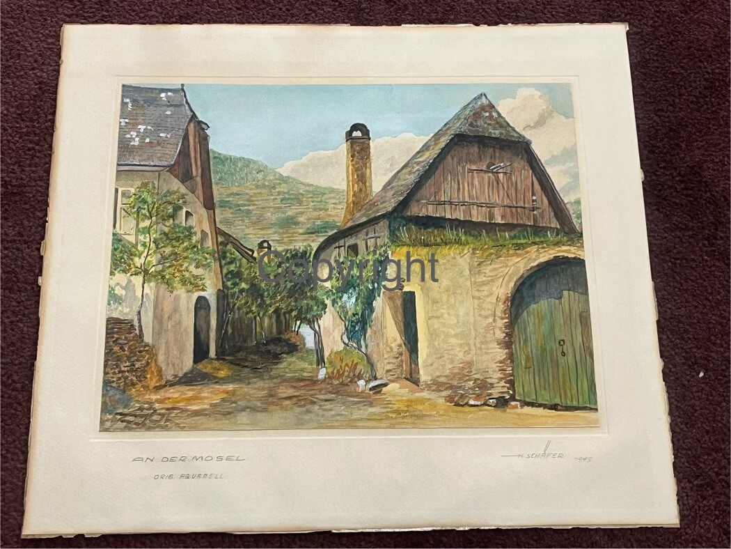 Original Watercolor “An Der Mosel” by Listed Artist H. Schafer 1945 POW