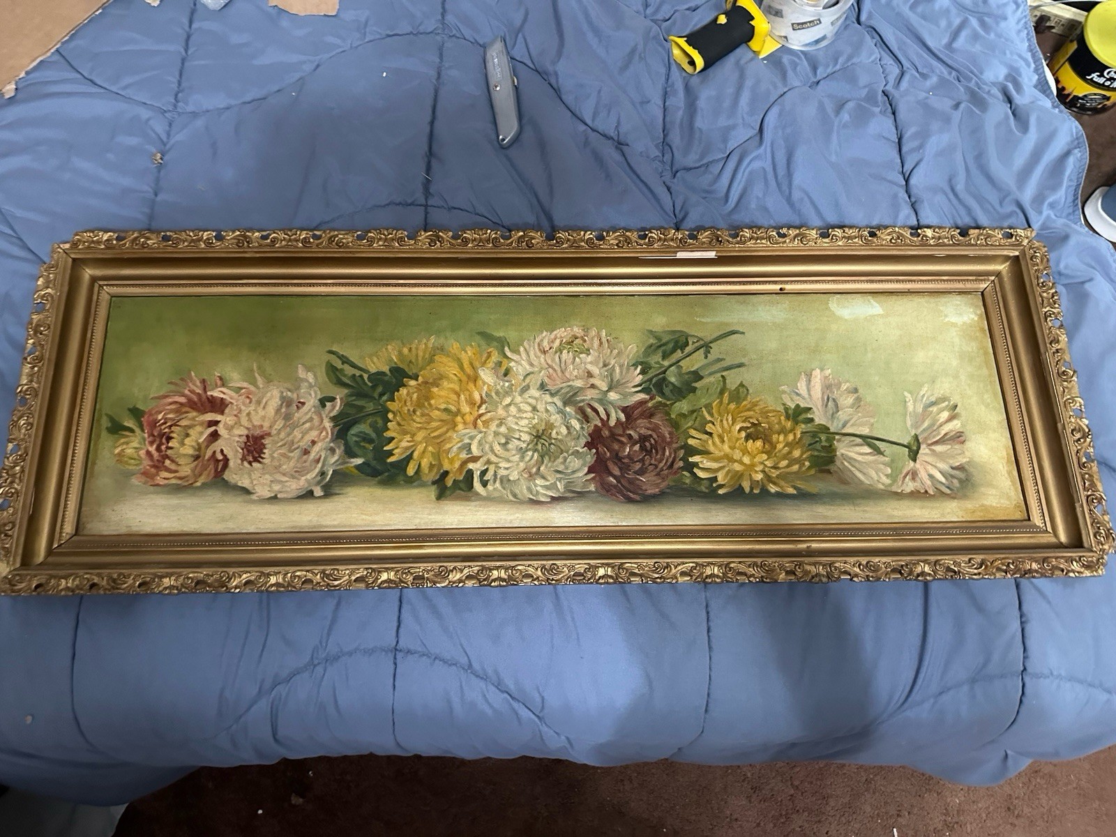 Antique Victorian Rare Horizontal Oil / C Chrysanthemum’s 40 X 14 Still Life