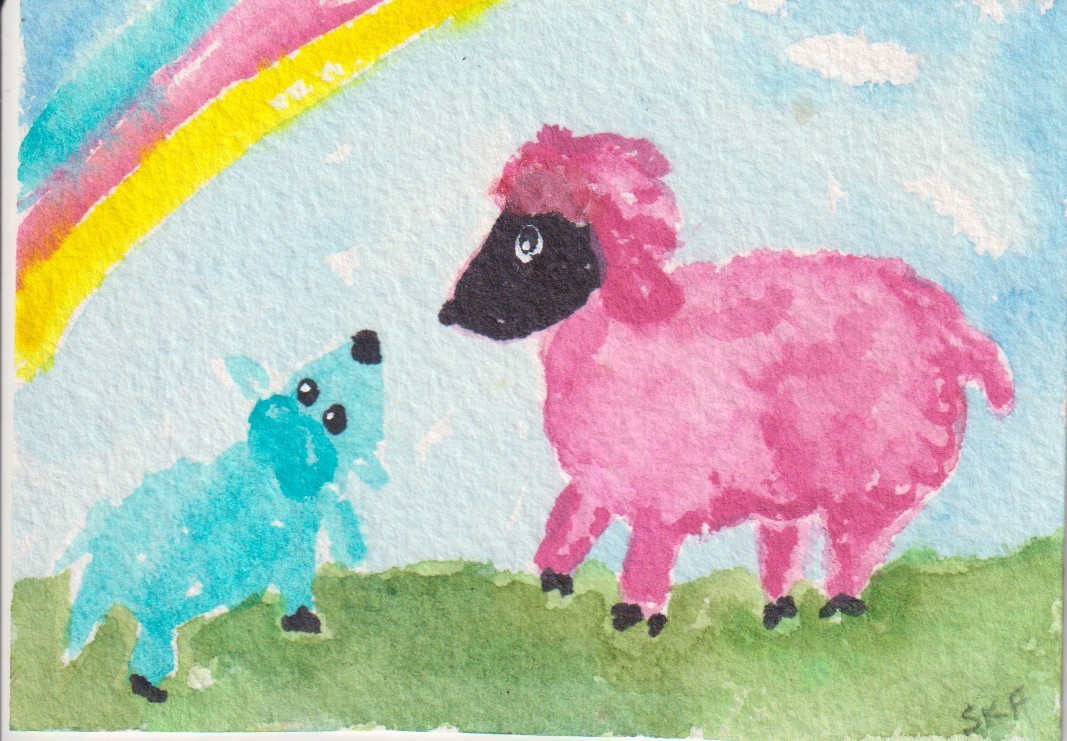 ACEO Original Pink Sheep, Aqua Lamb, Rainbow painting Sharon Foster