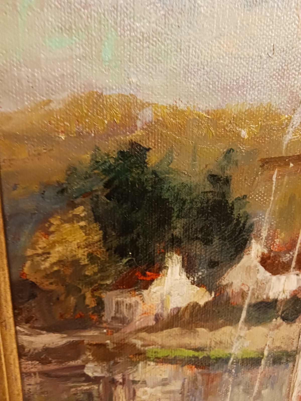 Vintage sailboat painting ,impressionism gold gilt frame, signed initials l.r.
