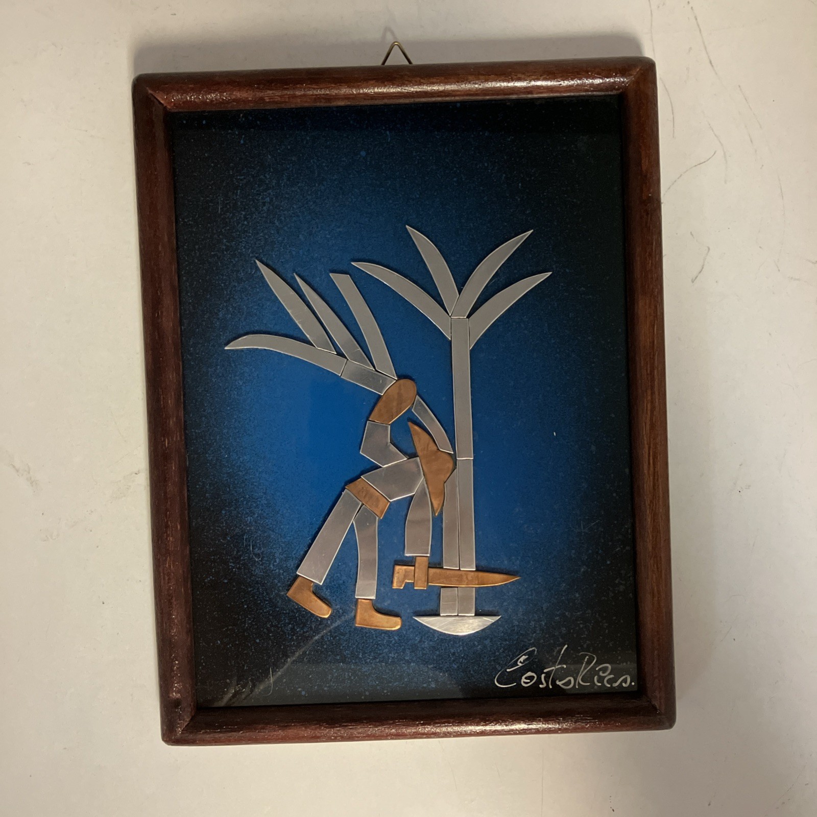 Worker Cutting Tree Mixed Metal Collage Folk Art Framed by Jose Ganno 8.5”X6.5”