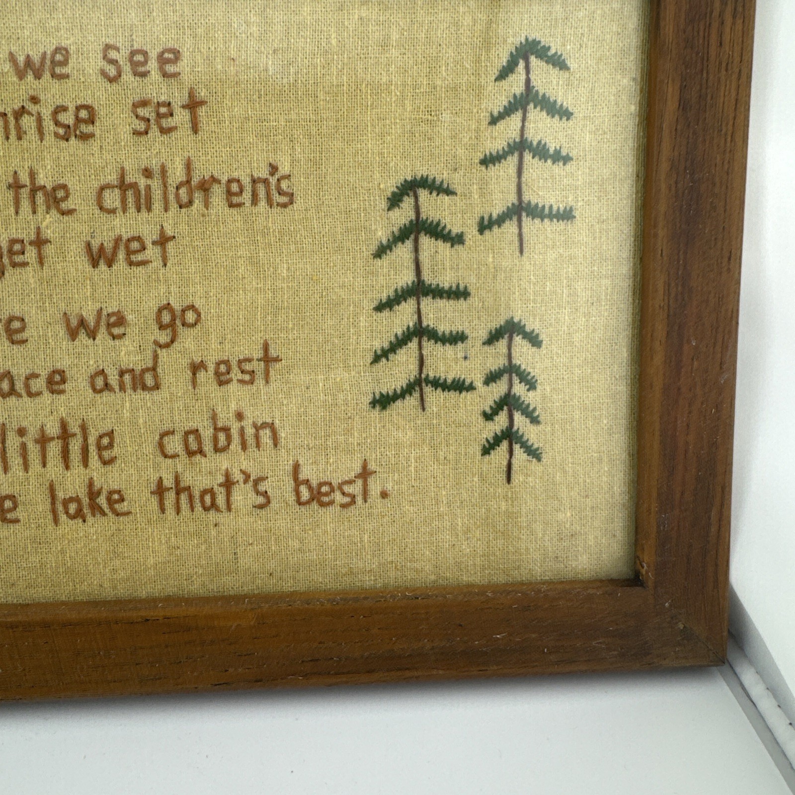 Tree Lake Cabin Handmade Needlepoint Embroidery Textile Art Framed 14×8”