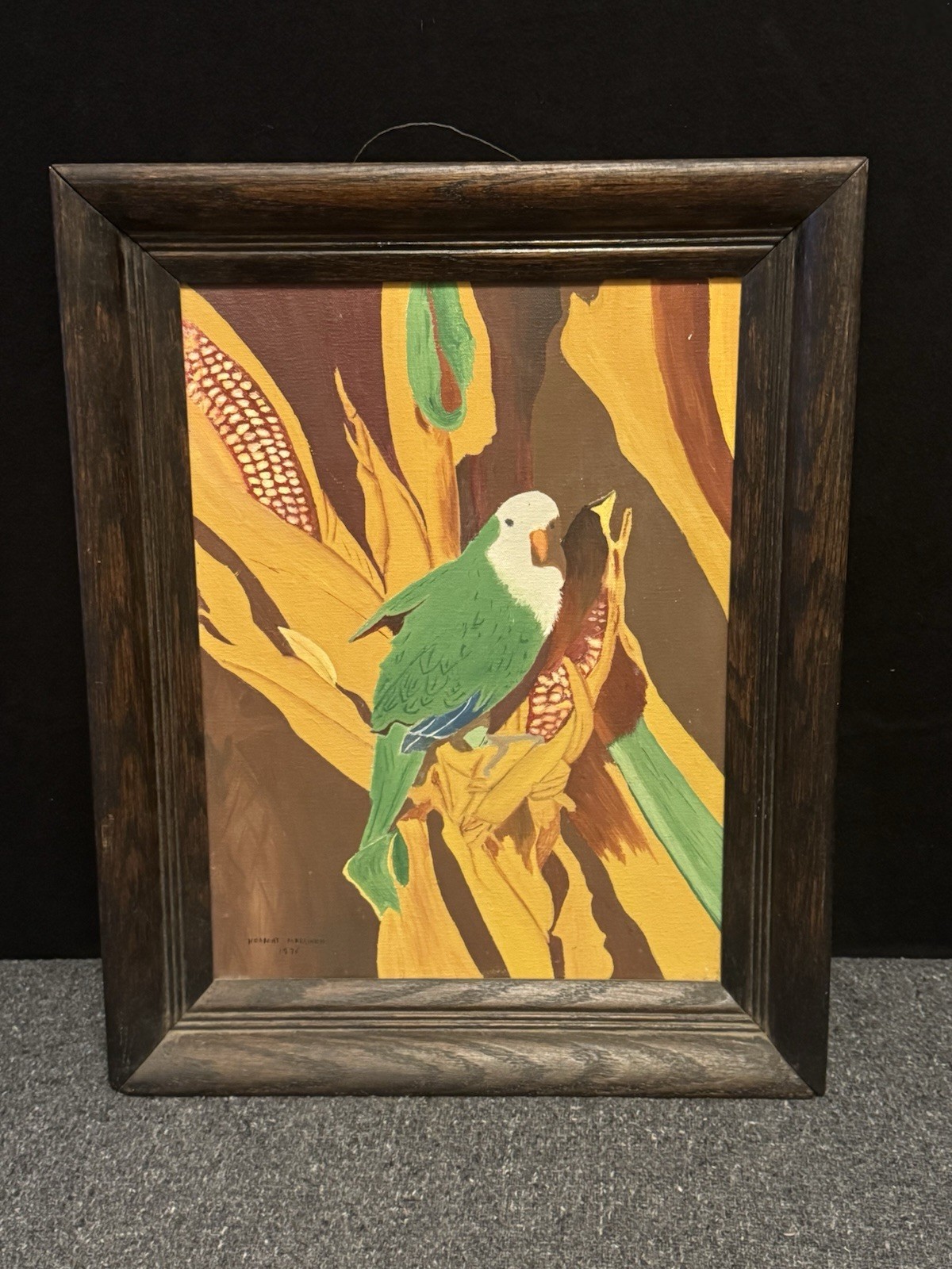 1976 Canvas Painting Parrot On Corn Stalk W/Dark Wood Frame – Art Work 12×16