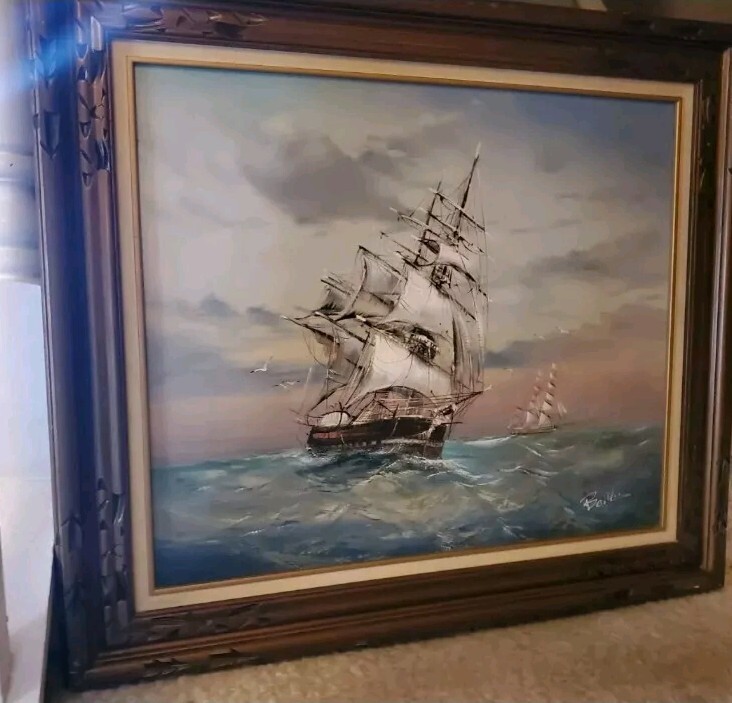 Vintage Signed Baille Seascape Oil Painting Tall Ship Nautical Framed
