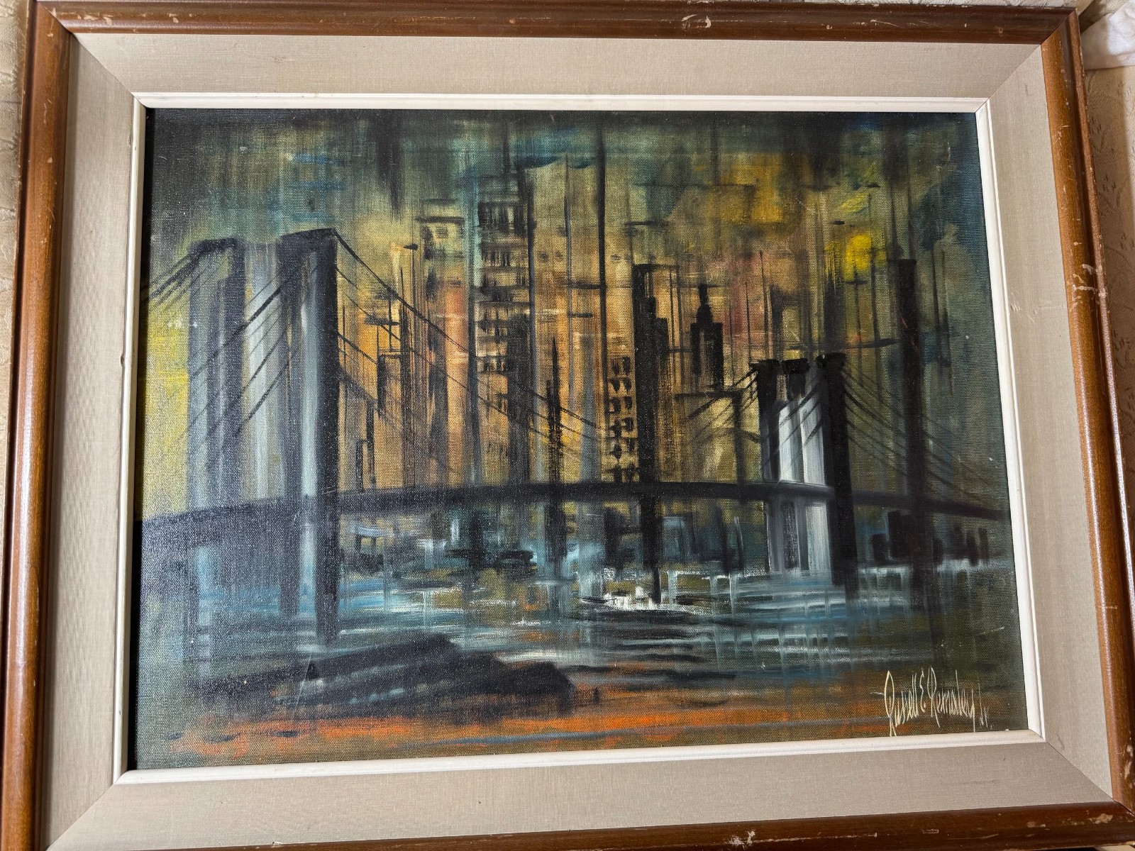Russell E Remaley Jr Oil Painting Modern Cityscape Bridge Skyline Framed Art