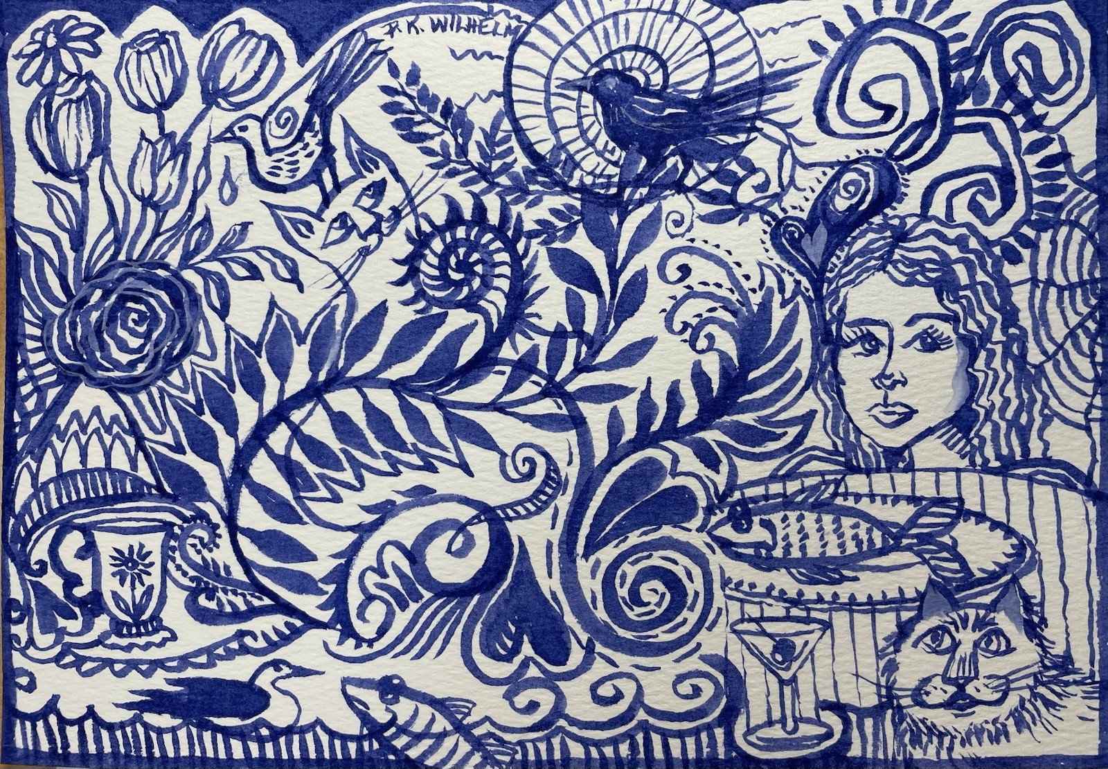 Pamela Wilhelm original 6”x8” Watercolor Ink Illustration Blue Cats Fish Birds