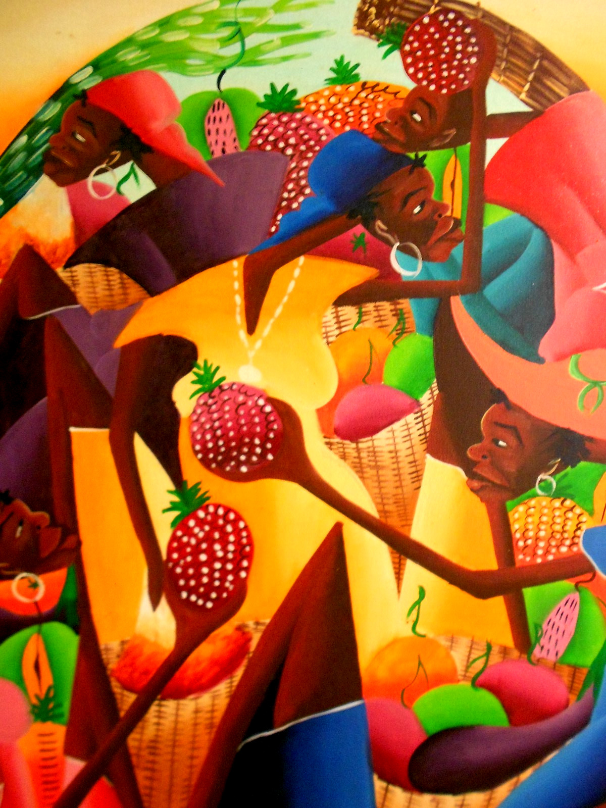 vintage haitian folk art oil painting sign by W.Nelson 1986 size 41″ x 31″