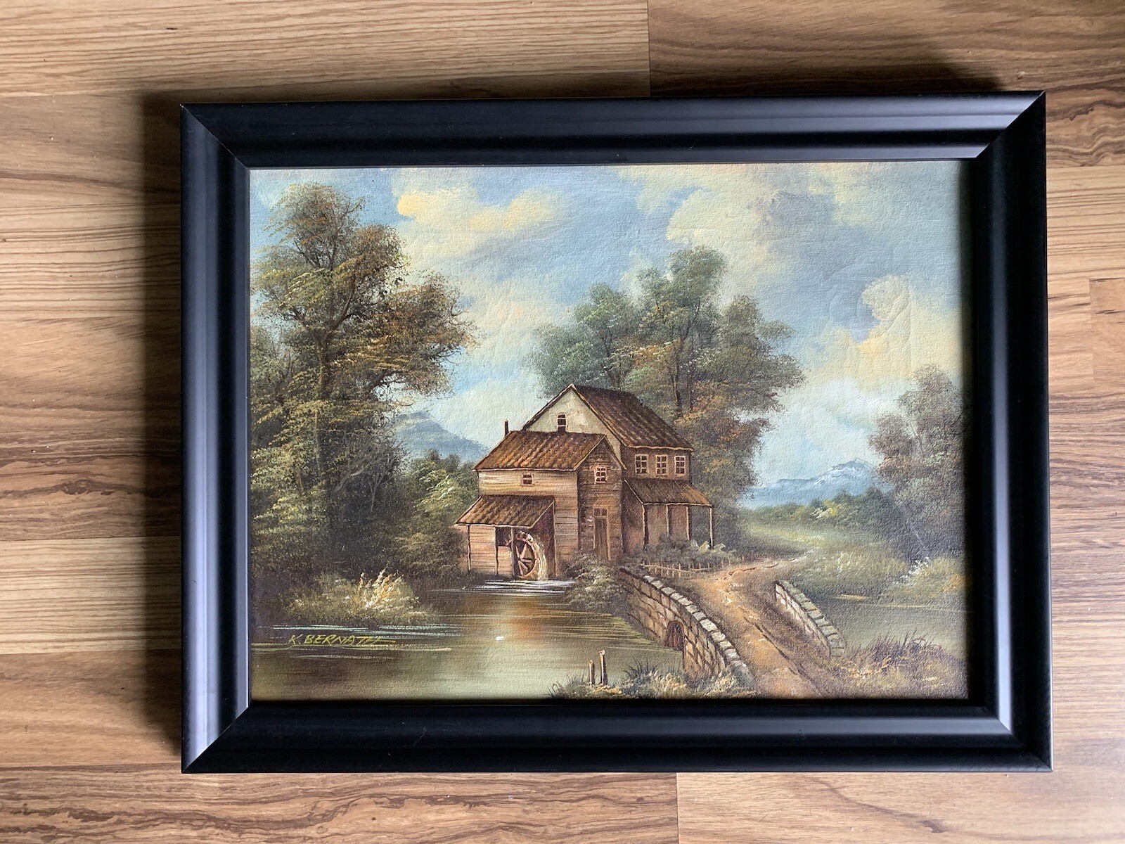 K Bernath Oil Painting On Canvas-Old Mill Scene – 10×13 Framed to 14×18