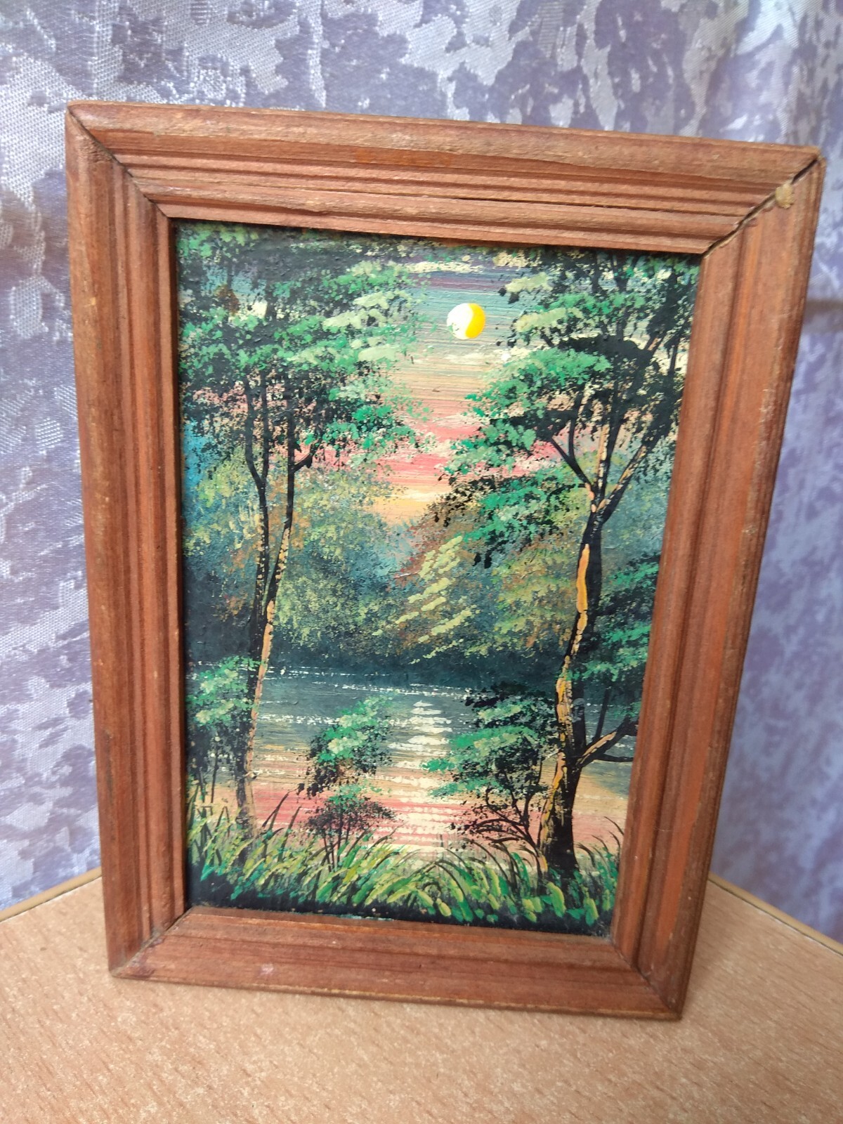 Vintage Oil small Painting Landscape Cardboard trees forest river moon frame