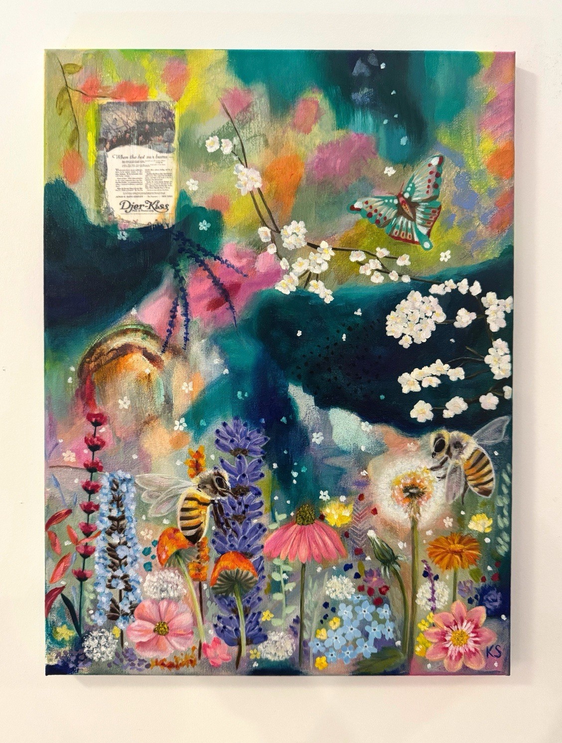 “When The Hot Sun Burns” Acrylic And Oil On Canvas 12”x16” Painting Flowers Bee