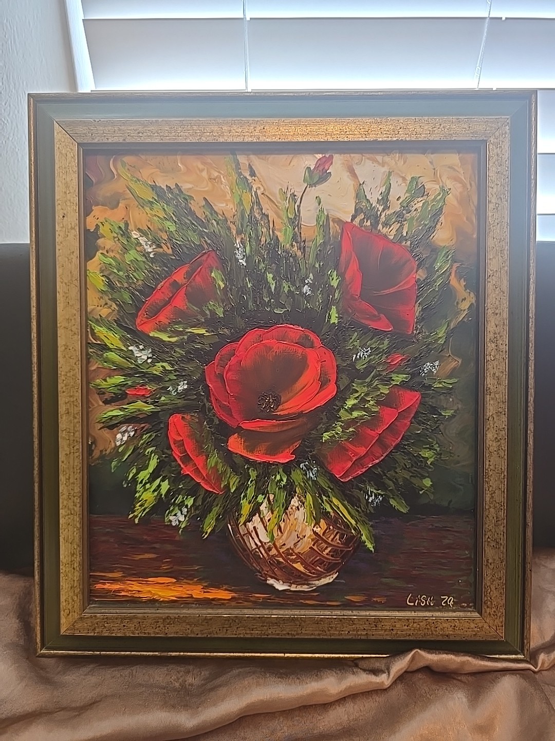 Moody & Bold Impressionist Sultry Red Poppies Oil Painting Prisoner Art Vtg