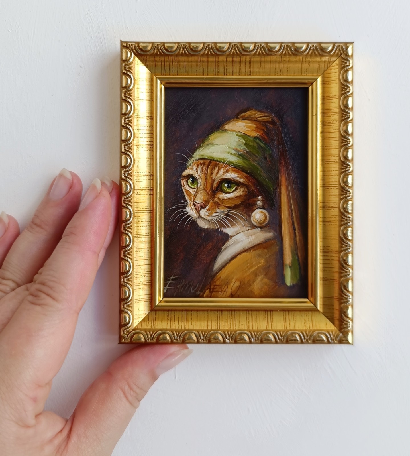 ACEO Cat with Pearl Earring Oil Painting Framed Original Artwork 2.5×3.5 in