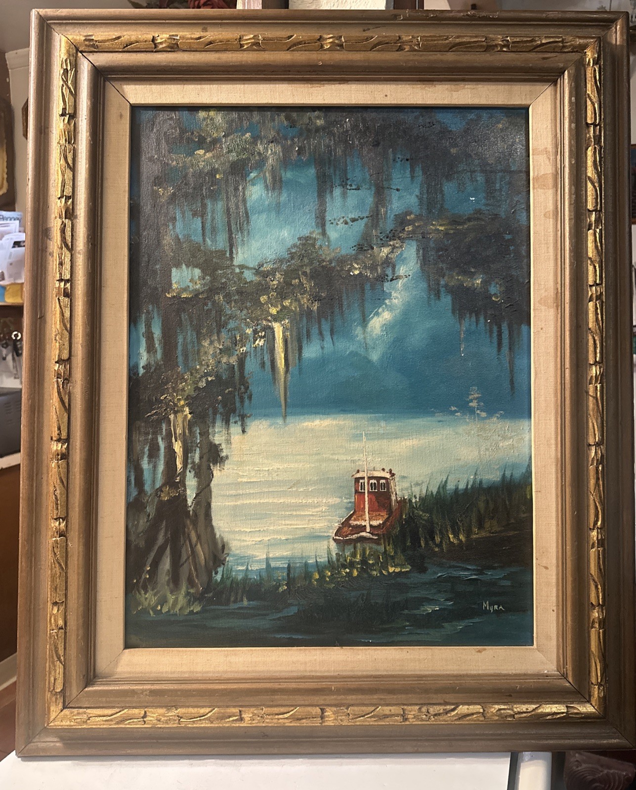 LOUISIANA Swamp Boat In Bayou Oil LANDSCAPE PAINTING Signed MYRA