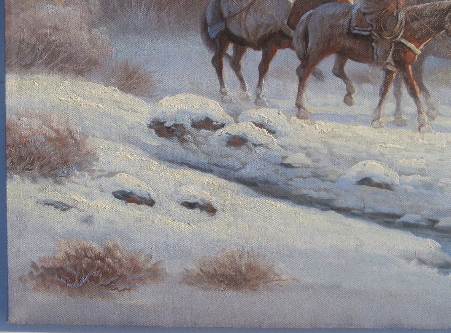 COWBOY ART Horses WESTERN SCENE Artist AMERICAN WEST Winter Snow PAINTING