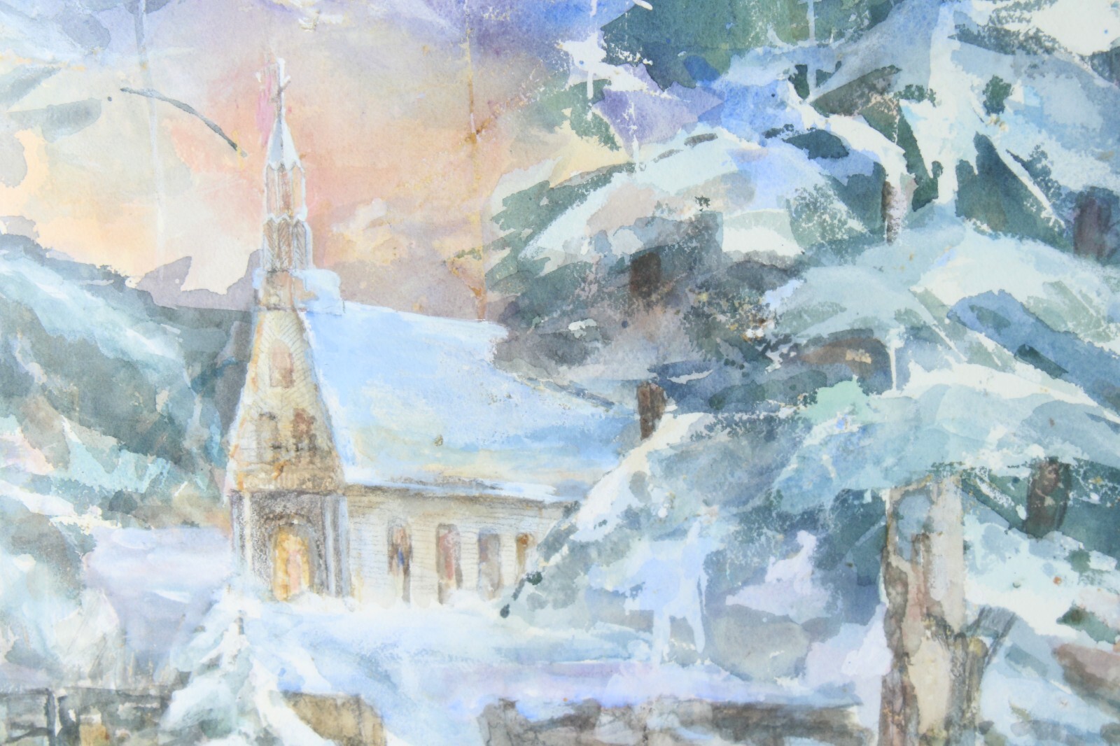 Large Winter Scene Church Mountains Watercolor Painting Signed Illegible 97