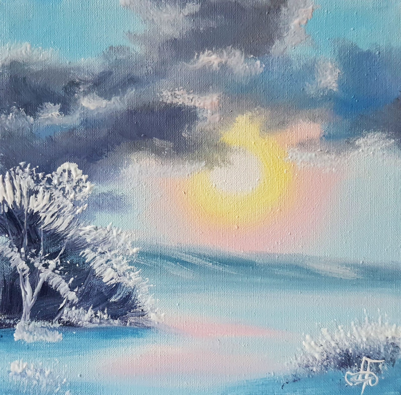 Ukrainian Artist Original Oil Painting Winter Sunrise Landscape Snowy Wall Art