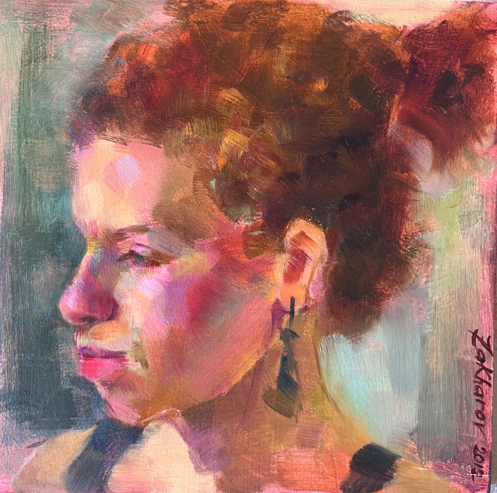 Original Oil Portrait Young woman Redhead Freckles Contemporary Realism Signed