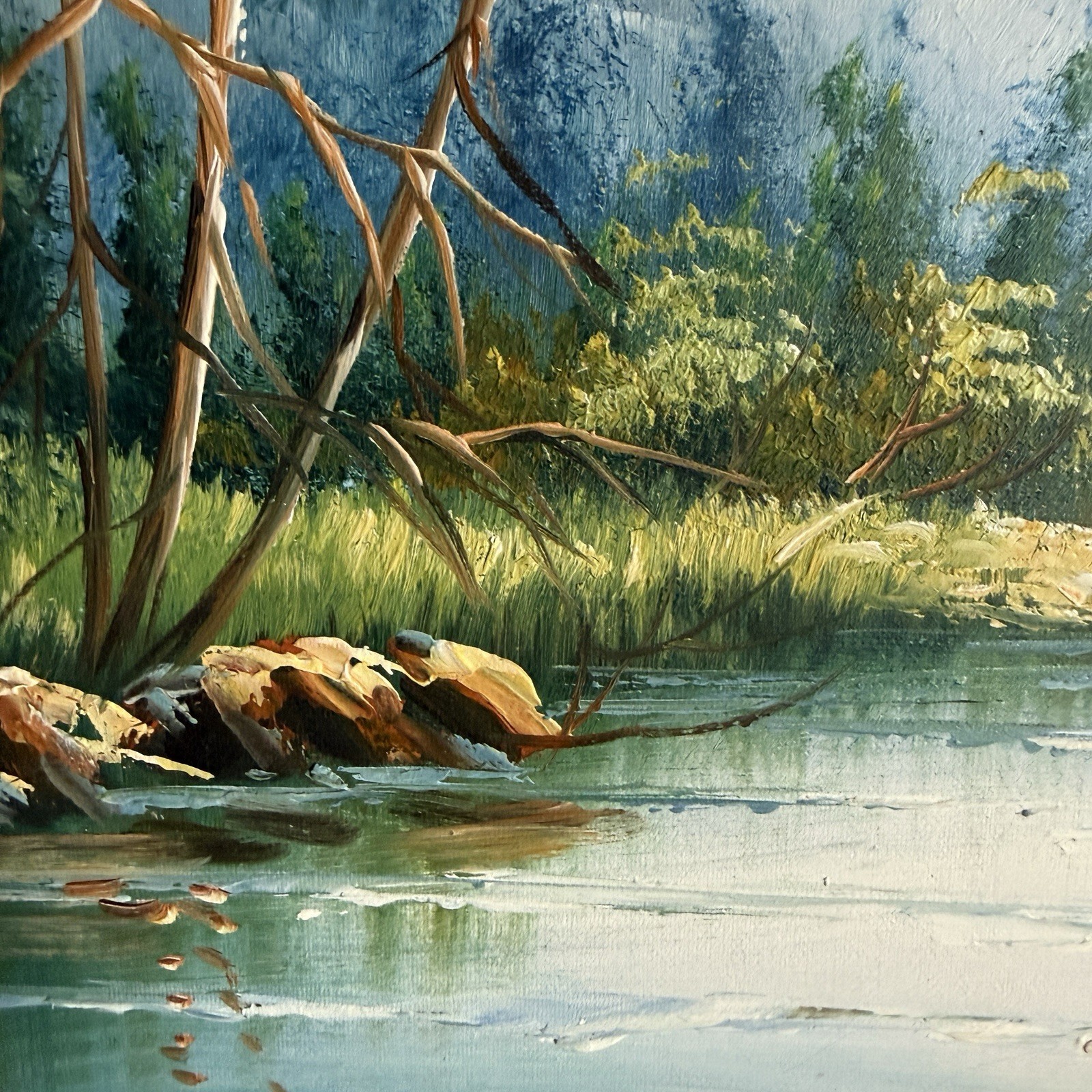 Large Framed Bald Eagle Mountain Lake Painting – Scenic Wildlife Wall Art Decor