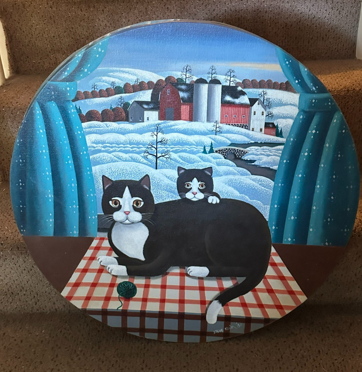 Signed STEVE KLEIN Cat Kitten Painting on Wood Canvas ’80 Folk Art Wall Decor