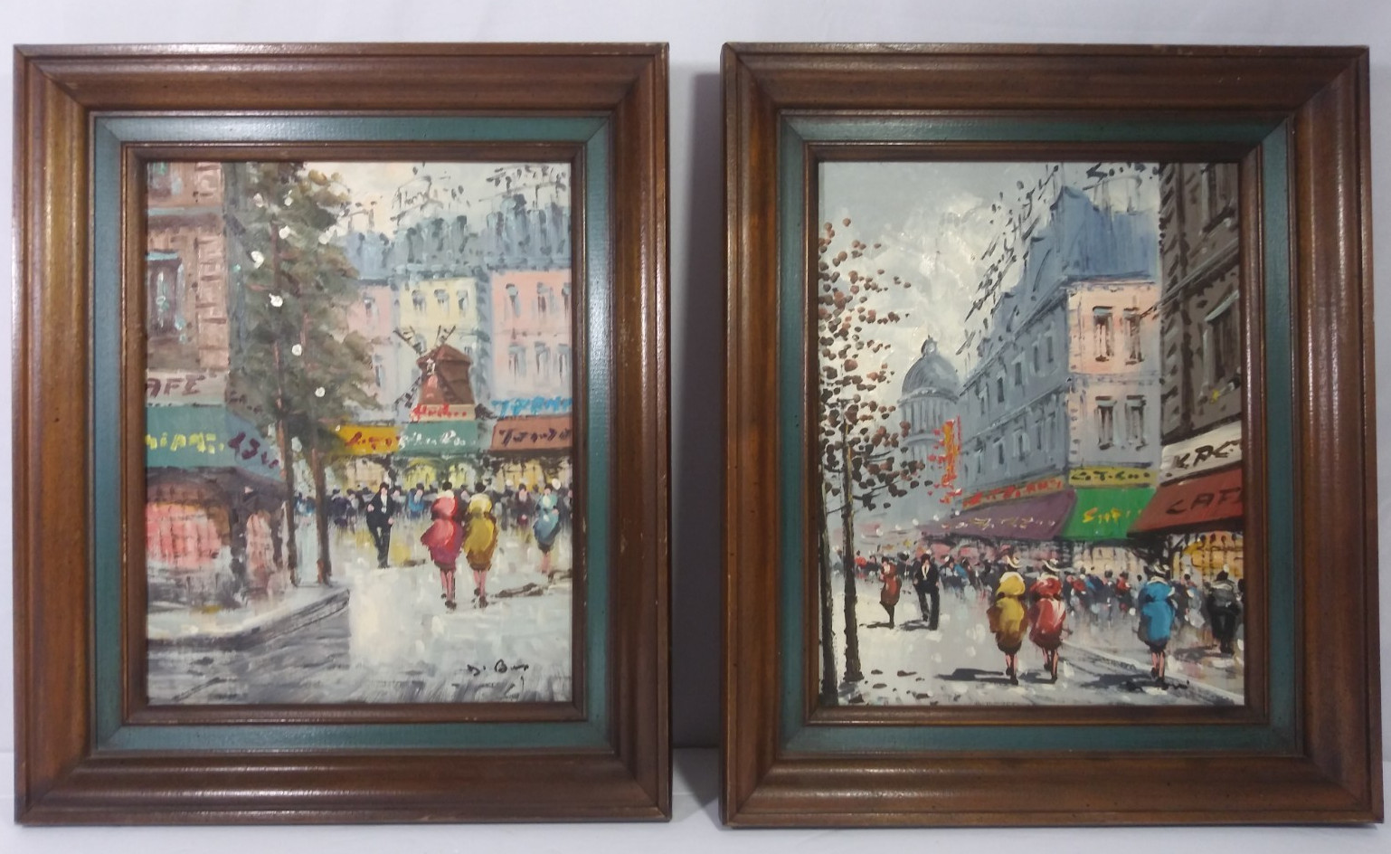 Orig. Oil Painting Canvas Street Scene Impressionism Prof. Framed Signed Set/2