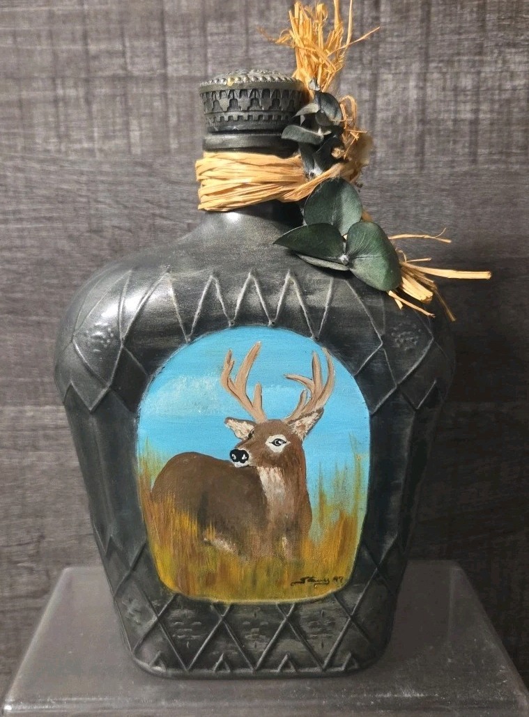 hand-painted empty Crown Royal bottle folk art deer painting vintage pewter tone