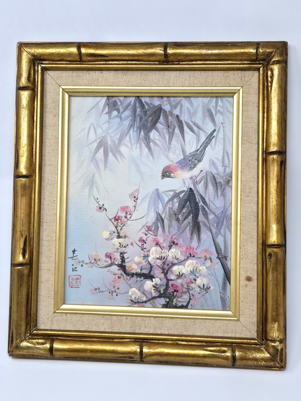Oriental Vintage Oil painting Bird & Flower Blossom Signed Bamboo Style Frame