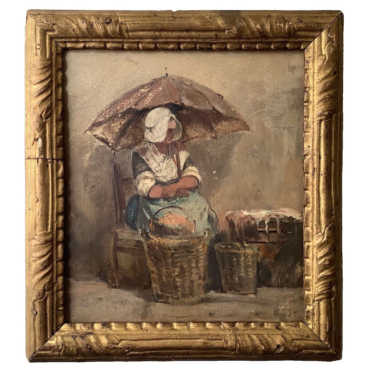 PORTRAIT OF FEMALE STREET VENDOR – 19th CENTURY REALISM OIL PAINTING FRAMED
