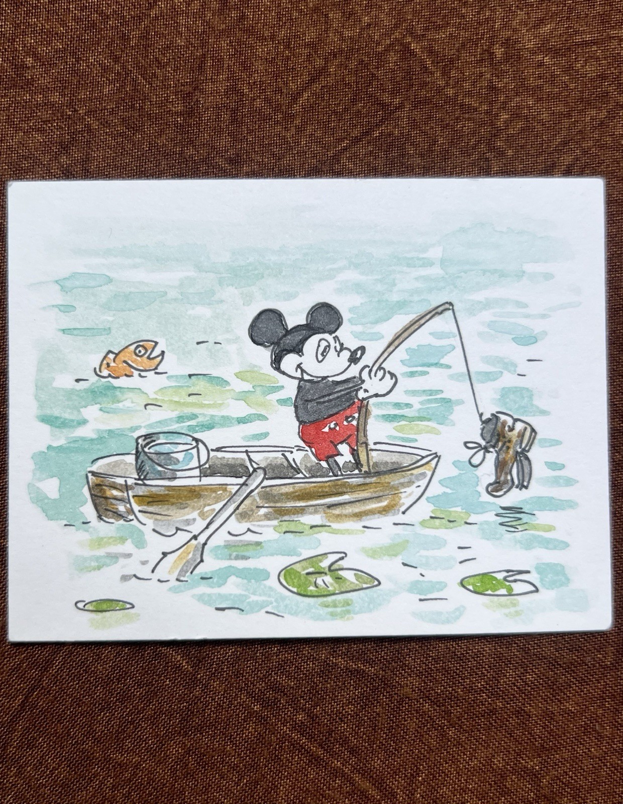 Original ACEO Vintage Mickey Mouse Fishing Mixed Media Monika Chovan OOAK