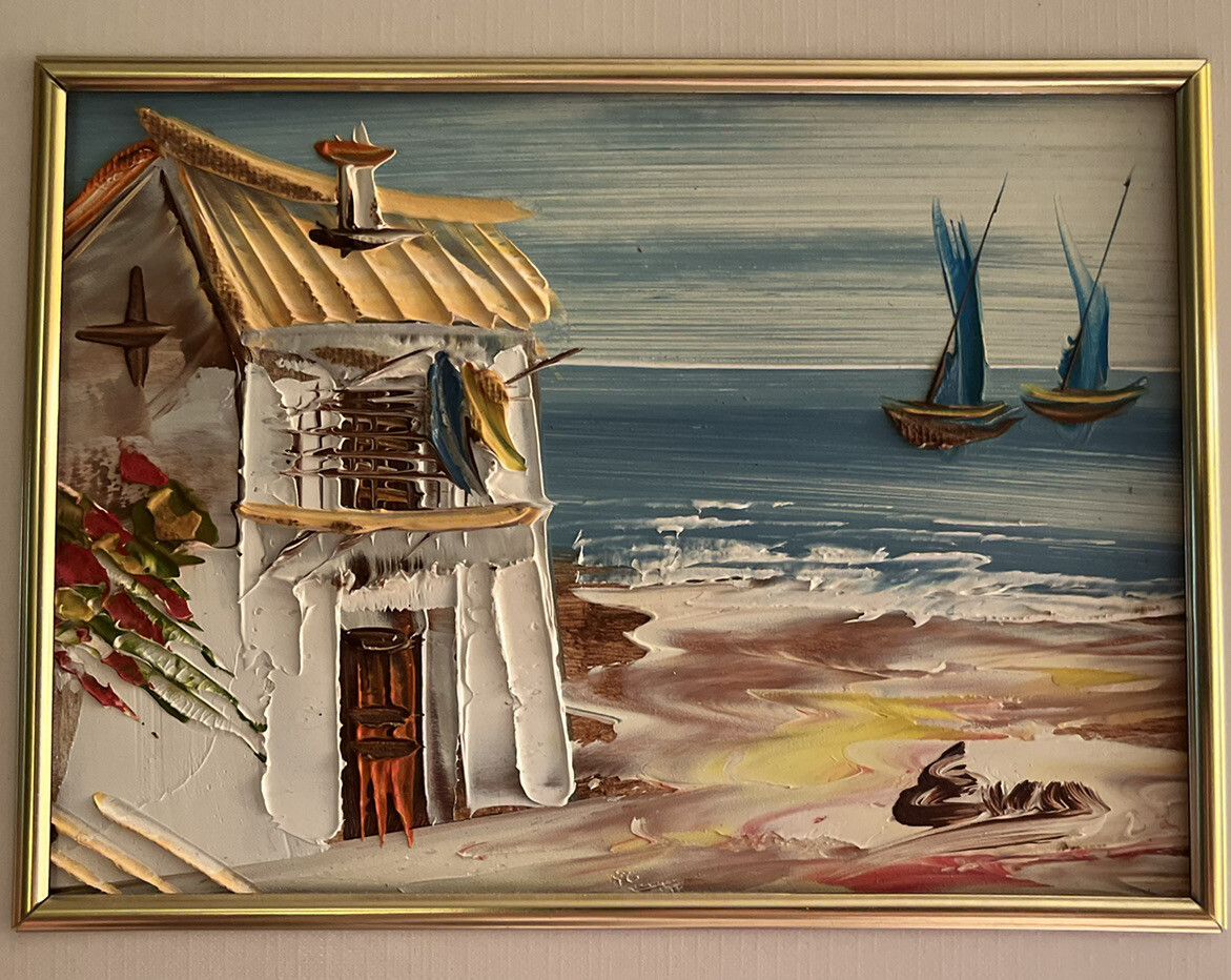 Painting Beach sea scape Villa Sailboats signed Evans 12 1/4 by 10 1/4 “ Framed