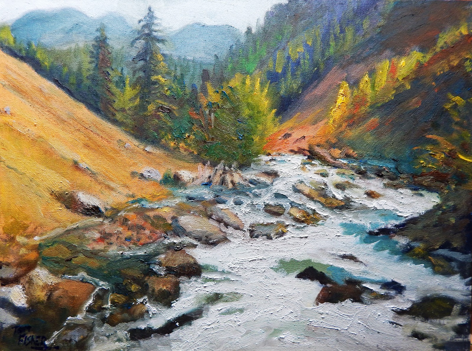 mountain river water valley realistic Impressionist oil painting landscape Fishe