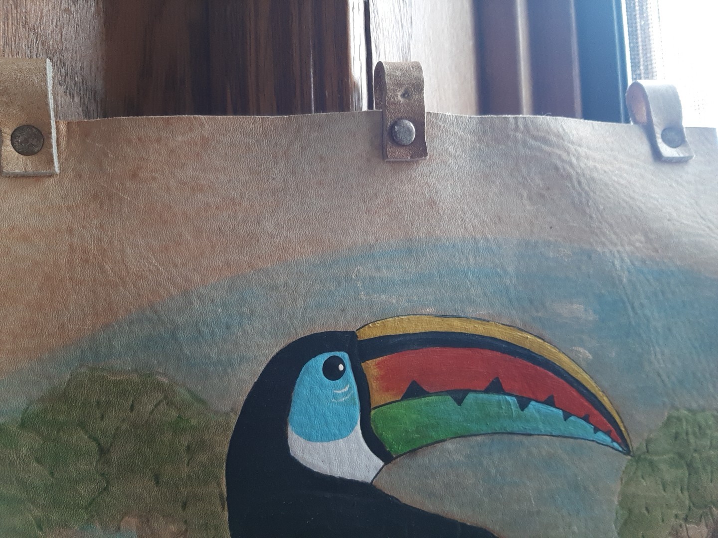 Vintage Toucan Bird Vibrant Painting On Leather Wall Hanging 13″x 9″ Ecuador