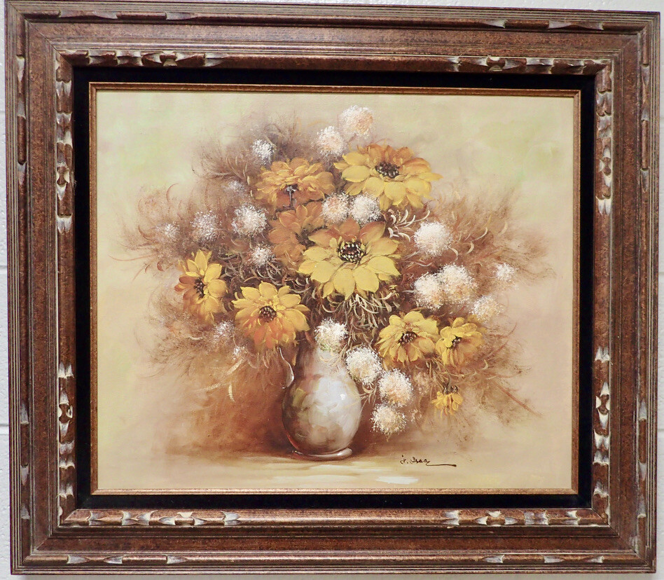 Signed Still Life with Yellow Flowers in Vintage 28″ x 32″ Carved Wood Frame