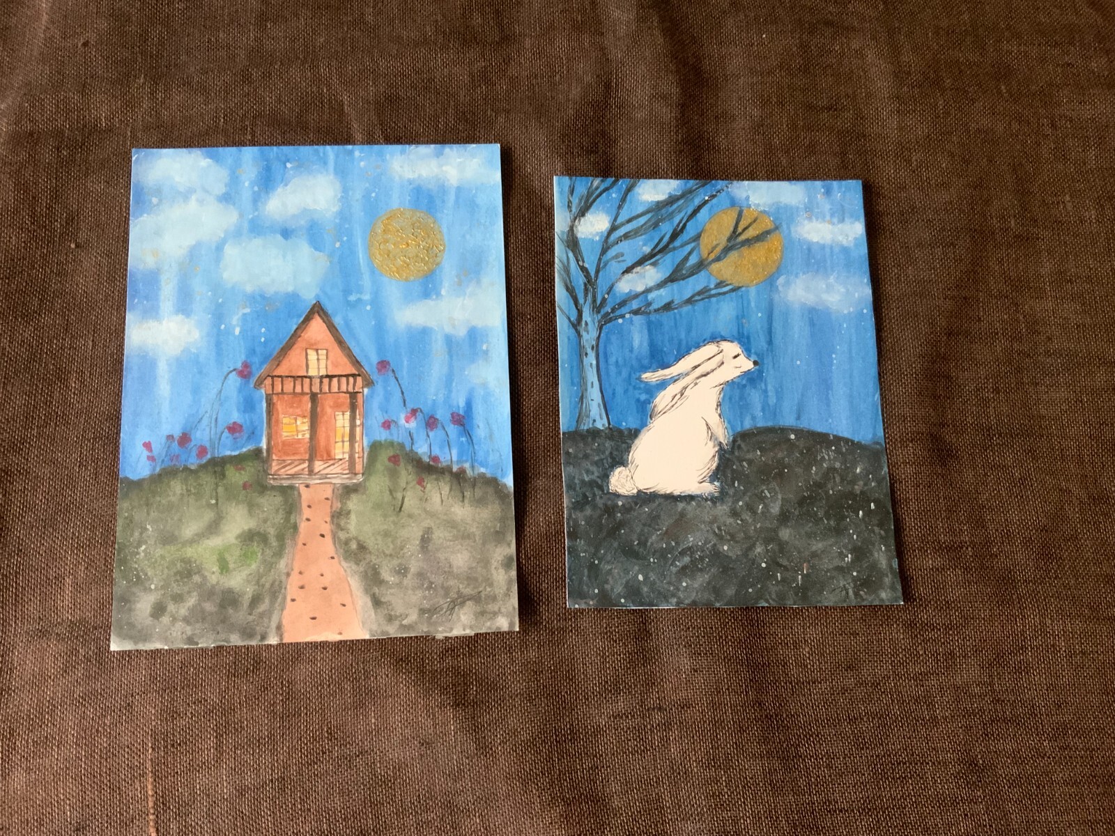 2 Original watercolor painting by Agne Lithuania unique bunny house moon girls