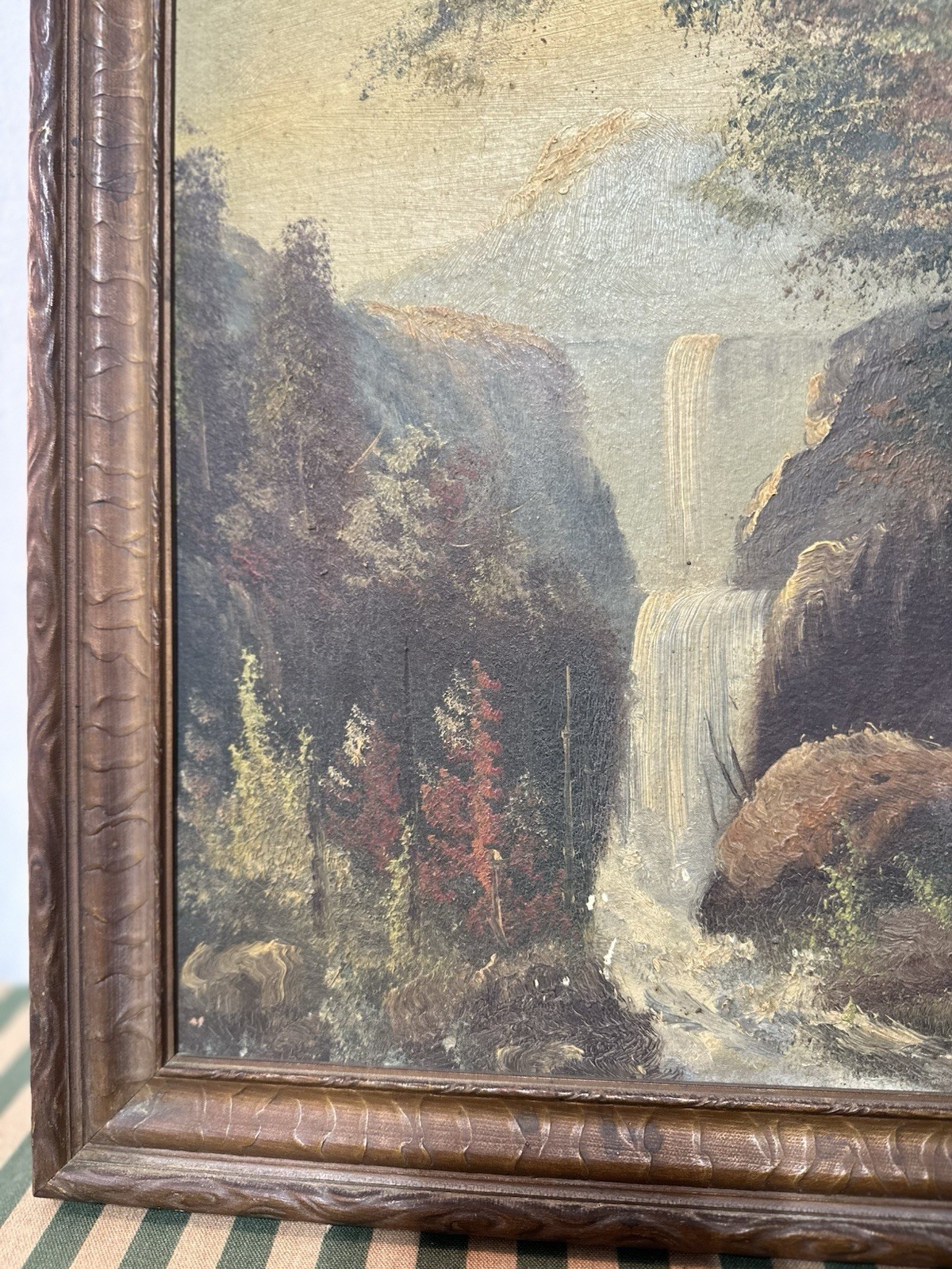 Vintage Waterfall Mountain Landscape Portrait Scene Board Framed Art Painting