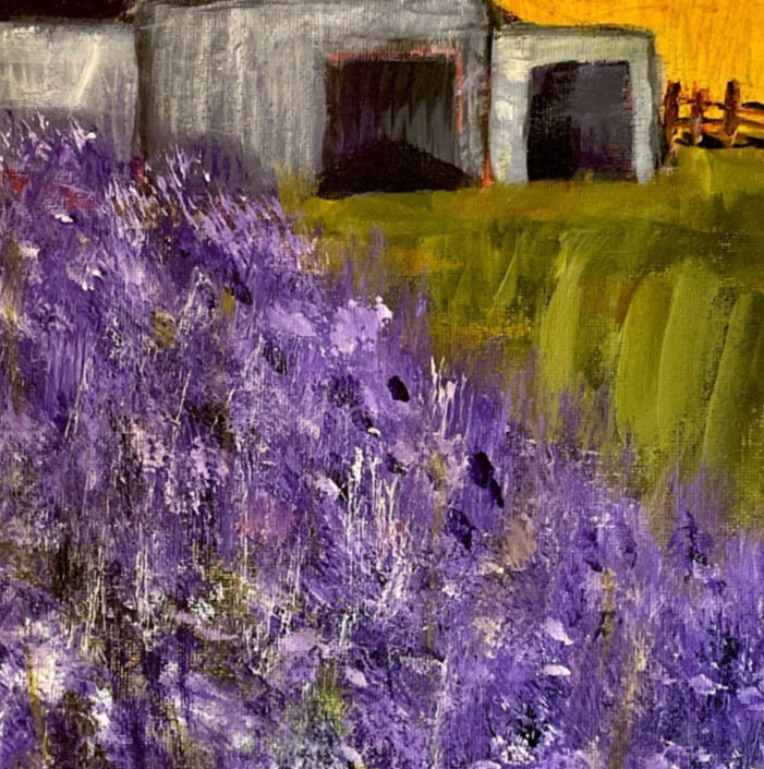 Mary Myers Original Lavender Barn Landscape Painting Purple Farm Art 16×12