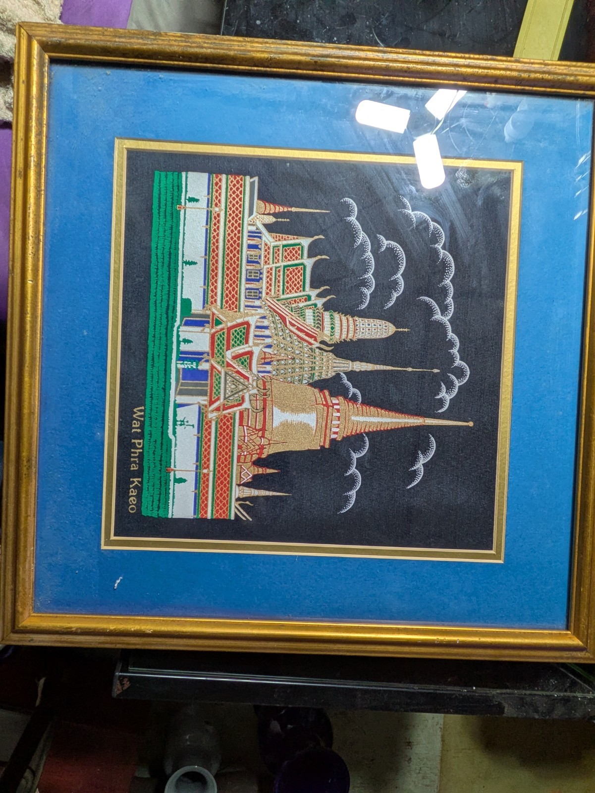 Framed Thai Wat Phra Kaew Temple silk Painting 17×17 in Architecture Art