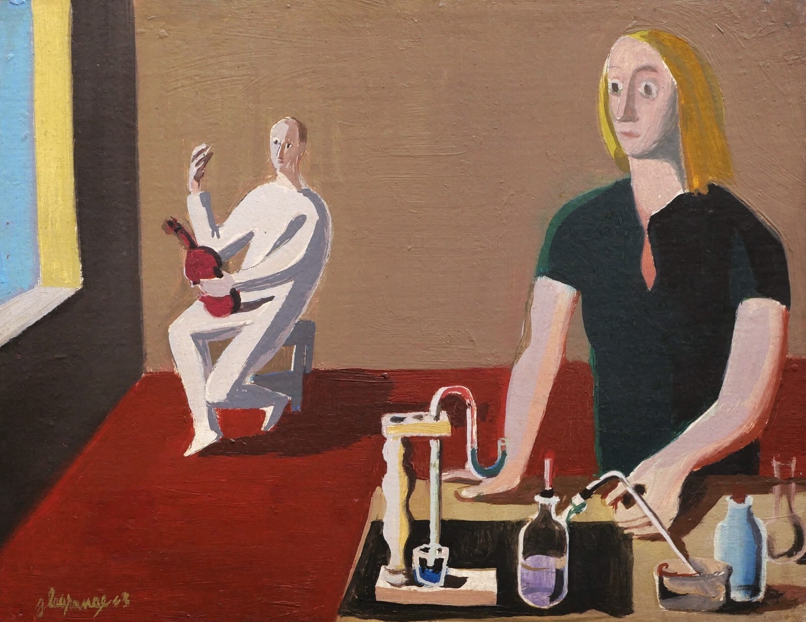 French Oil Painting Framed Surreal Couple Chemist Musician Film jacques Lagrange