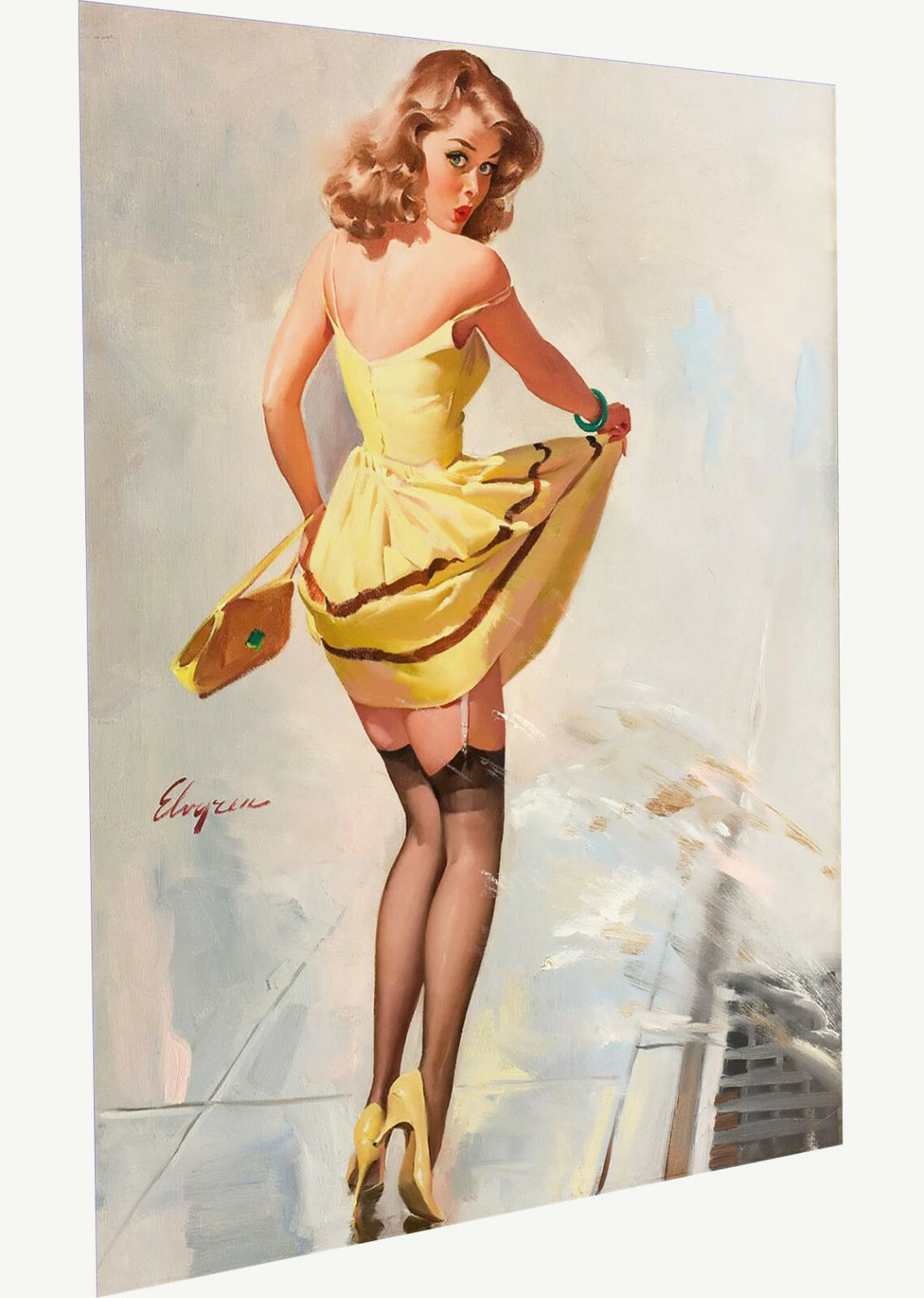 Vintage print art model poster canvas Gil Elvgren painting windy woman