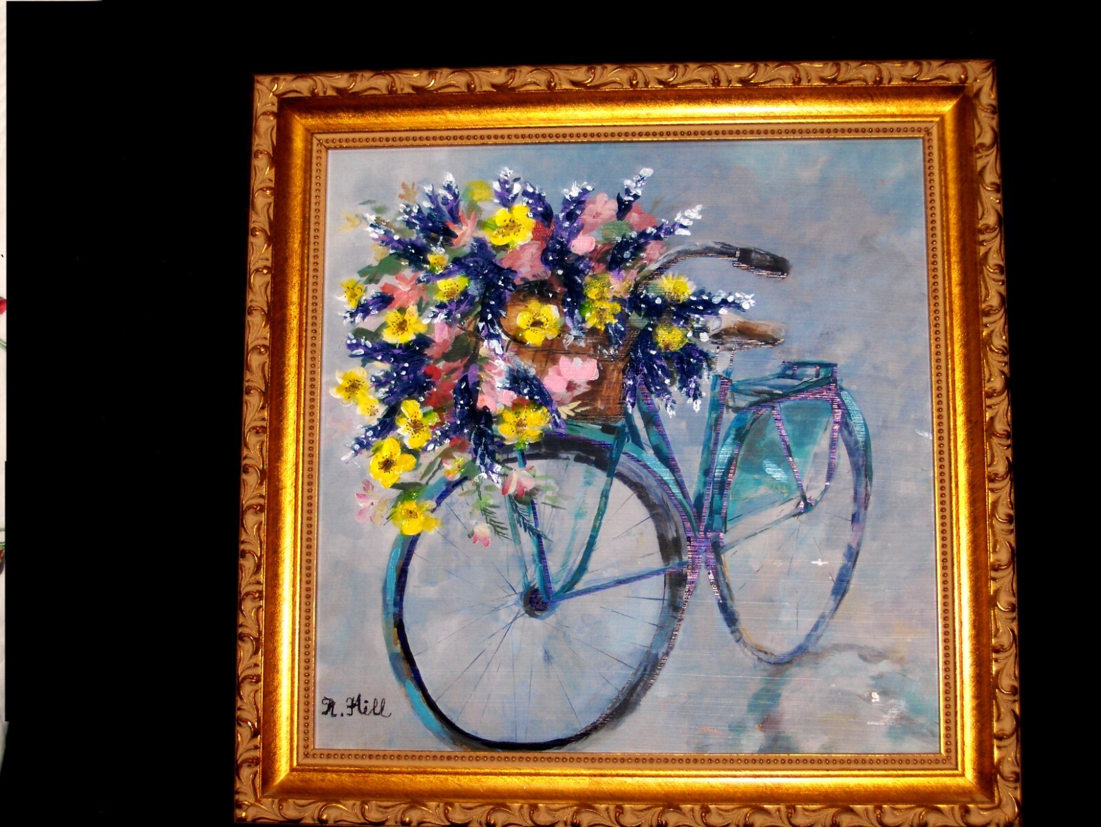 ORIGINAL Royal Pink Yellow Bluebonnet Floral Bouquet Basket Bicycle Oil Board Vt