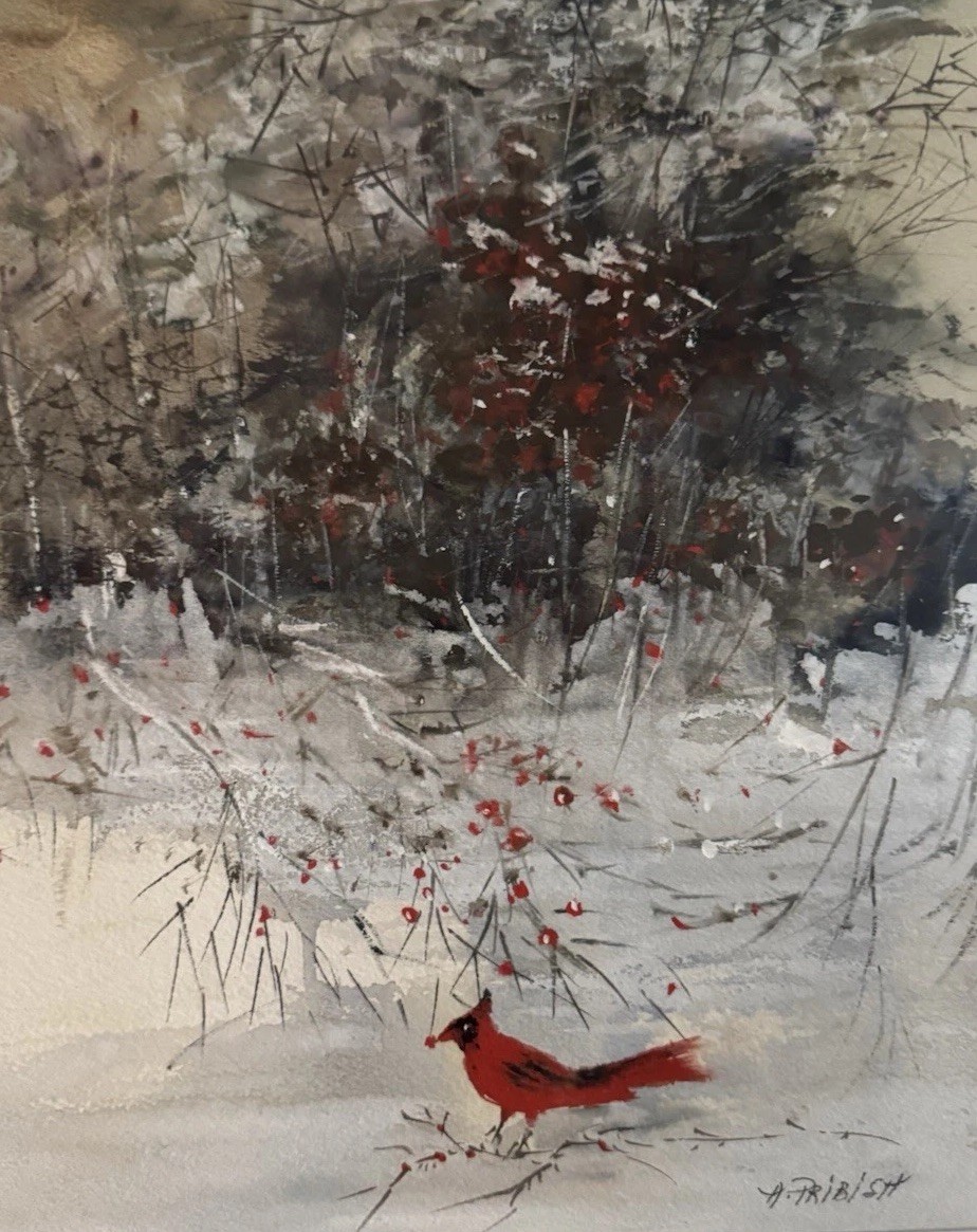 Cardinal Bird Winter Scene Original Watercolor Painting Sign Ann Pribish 19×15”