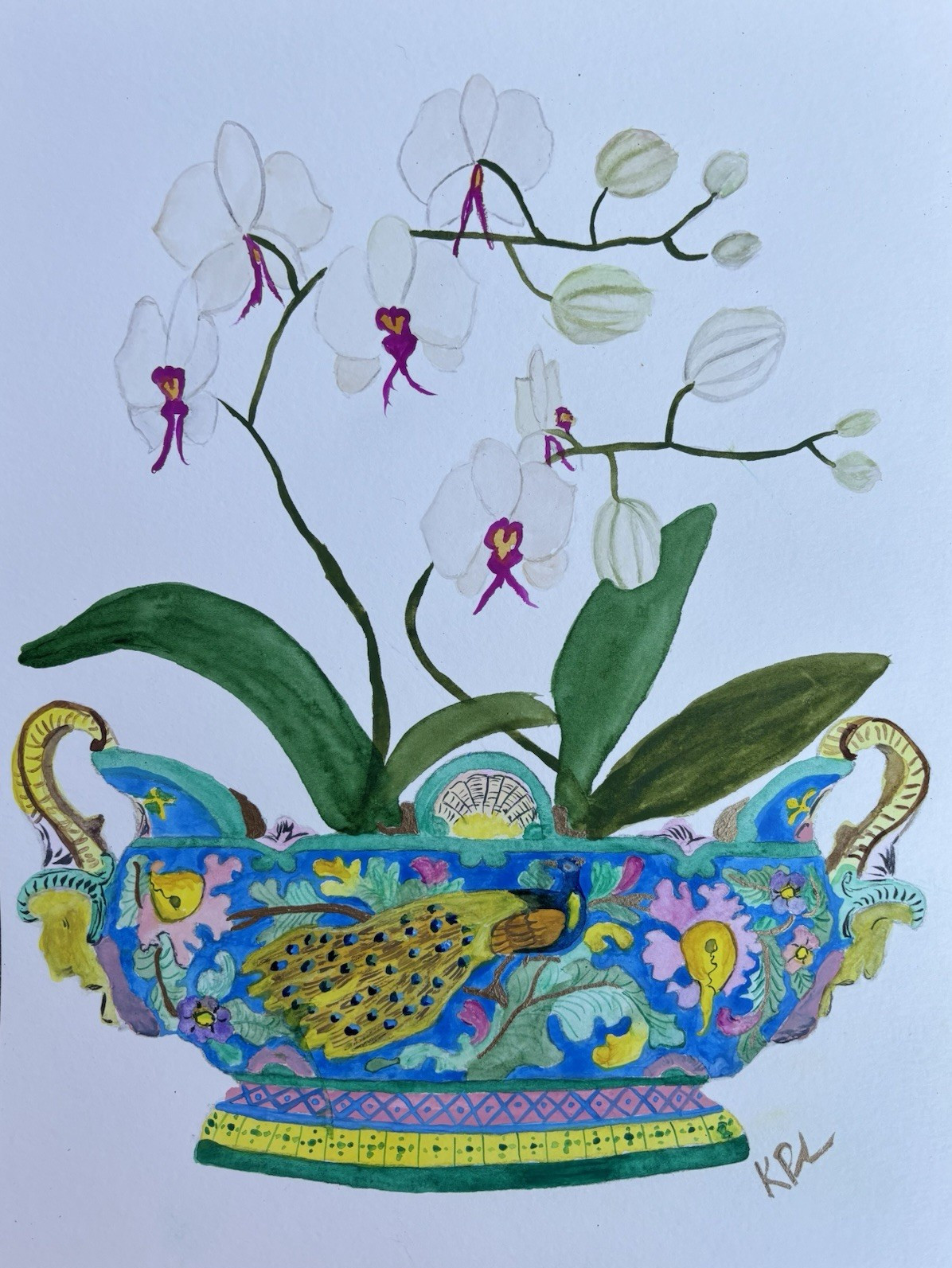 Signed Contemporary Orchid Floral Painting on Paper, Medium, Unframed