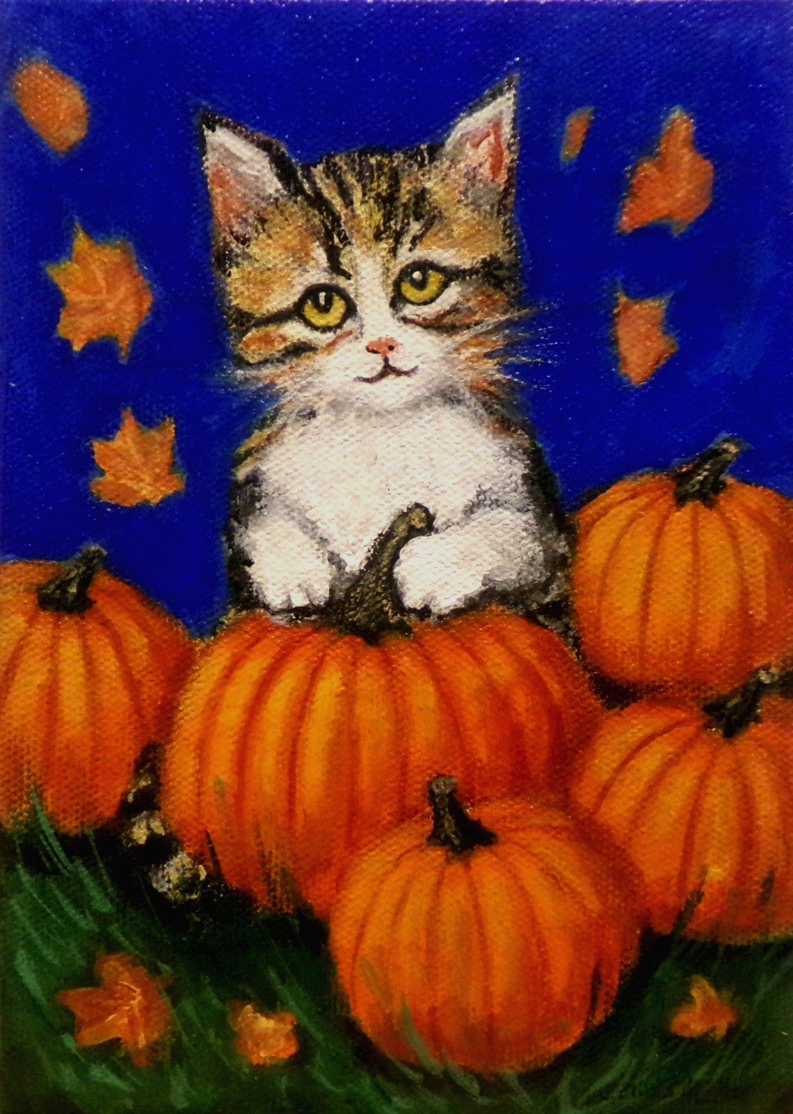 Original Cat Painting Kitten & Pumpkins 5×7 Pet Modern Wall Art Decor