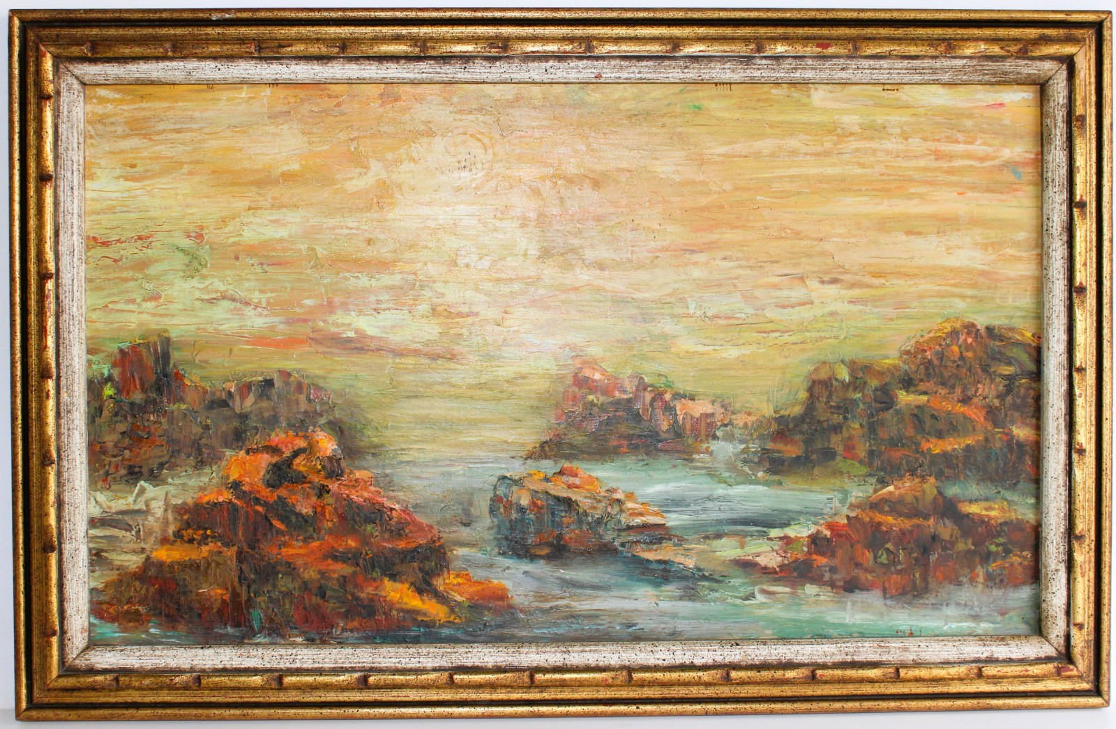 VINTAGE OIL PAINTING WOOD PANEL UNSIGNED SEASCAPE COASTLINE Hudson River School