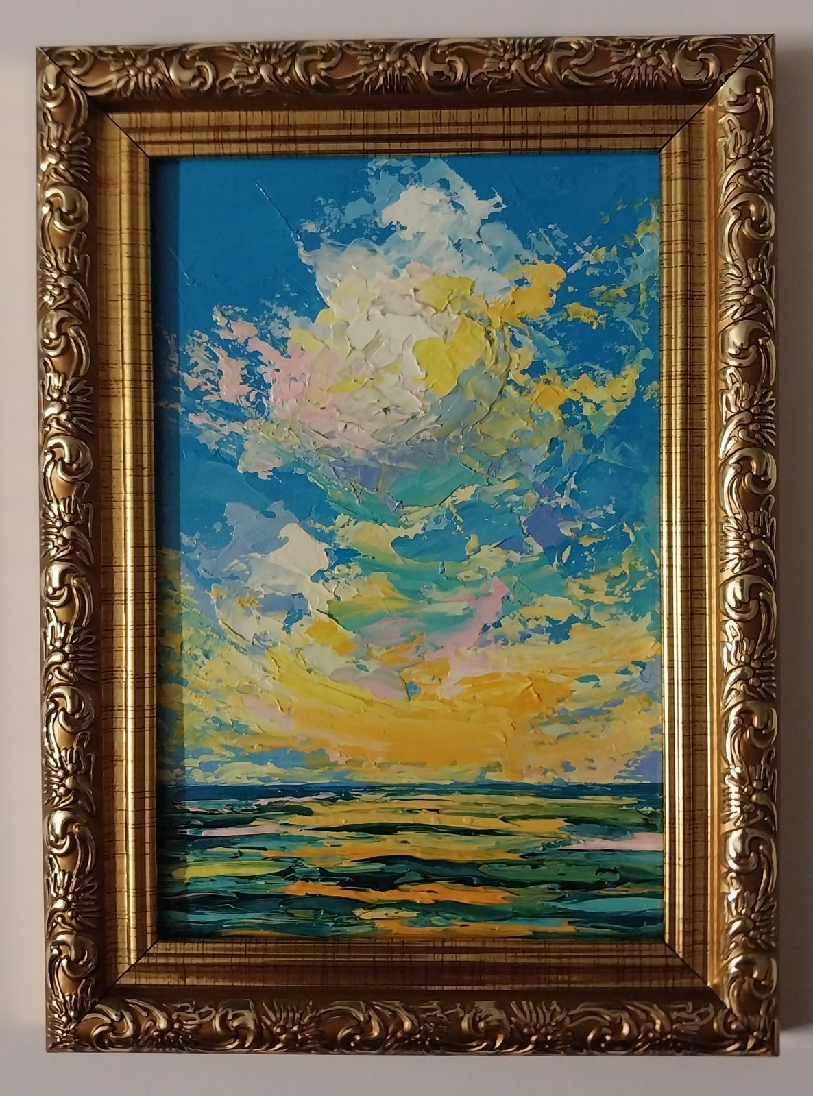 Framed Mini Seascape Golden Sunset Clouds Evening Sea 4×6” Original Oil Painting