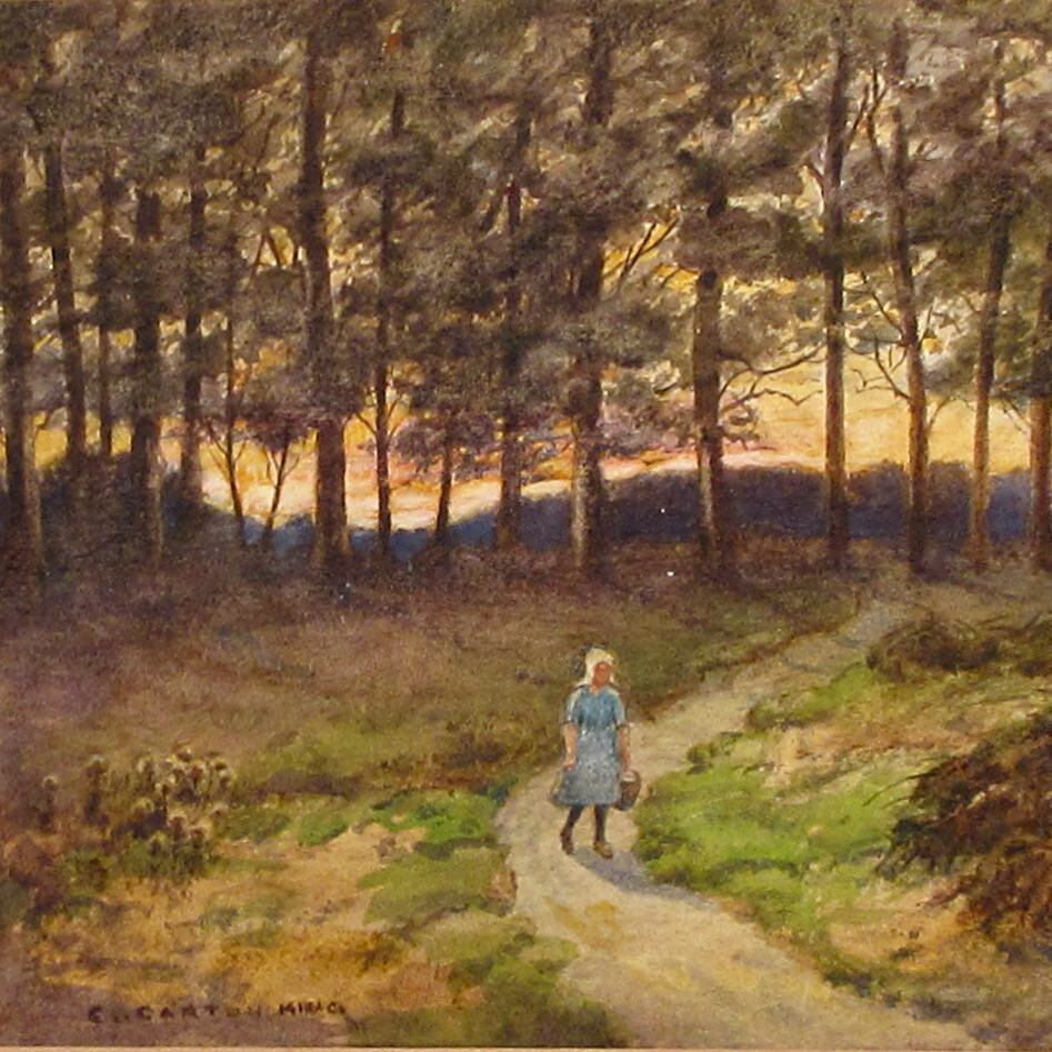 Vintage English Watercolor, Gathering Blackberries in Sussex, Landscape, Signed