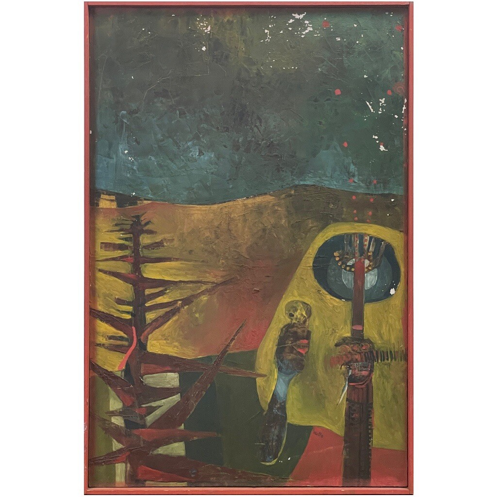 Outsider Modernist Landscape With Figures and Tree (ca. 1950, Signed)