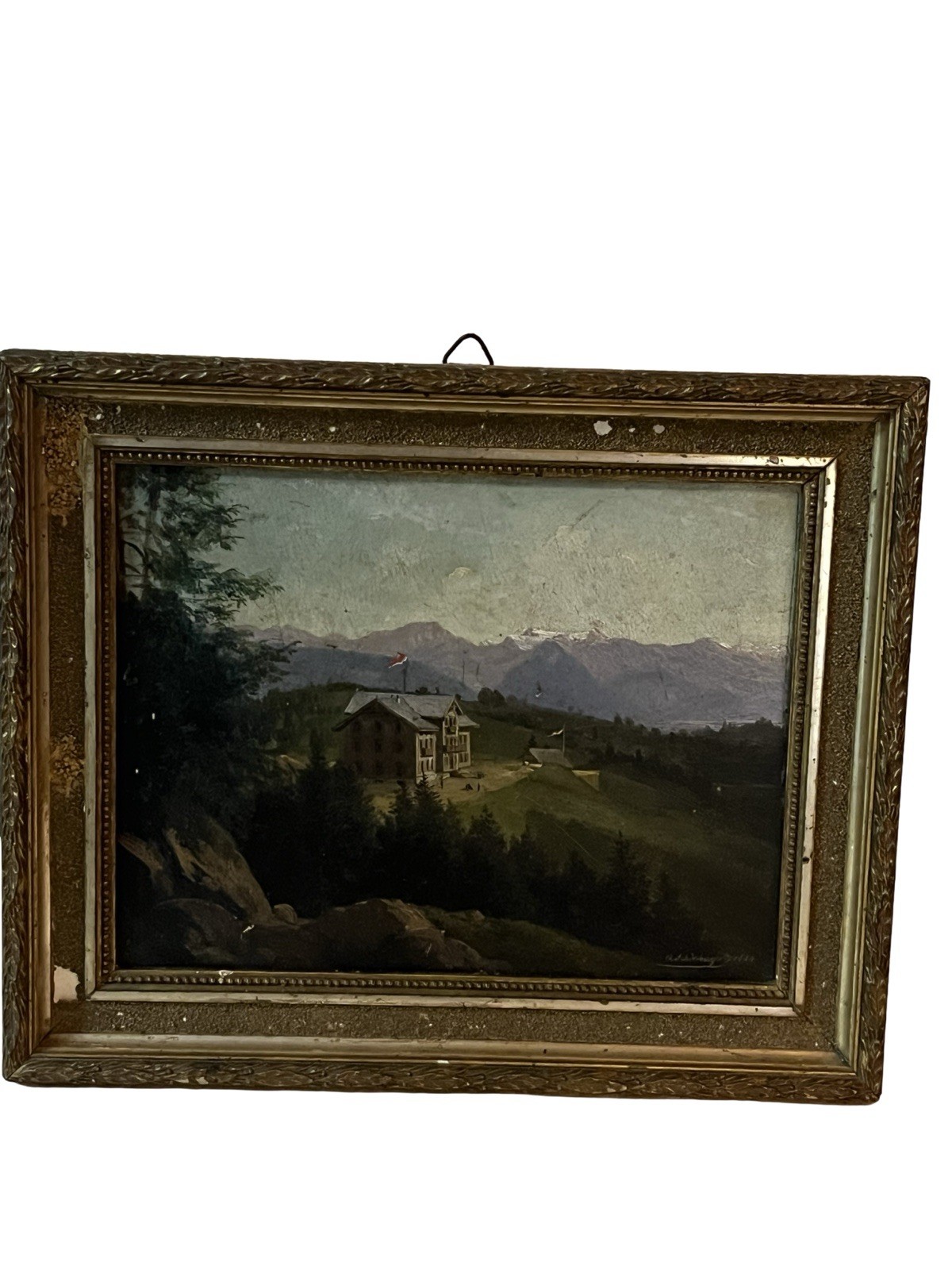 Painting Mountain Landscape with House and Flag Signed A. Schönberger 1880