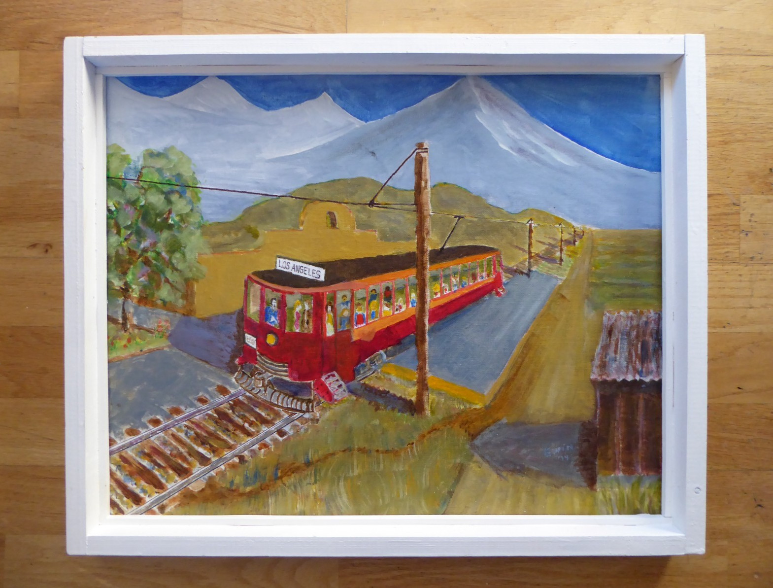 Vintage Naive Outsider Folk Art Painting Los Angeles Red Trolly Car